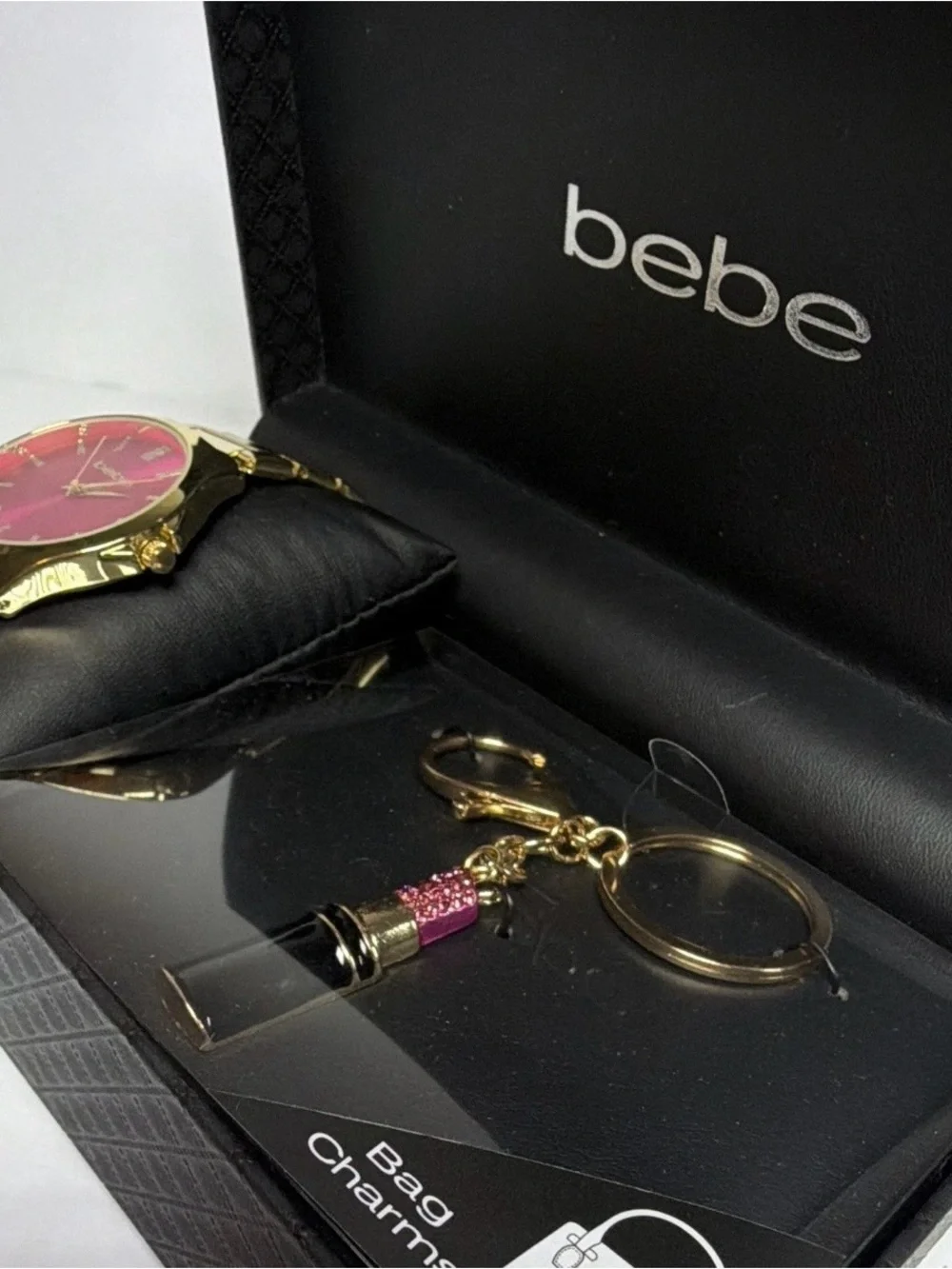 bebe Gold-Tone Watch with Pink Dial and Keychain Charm